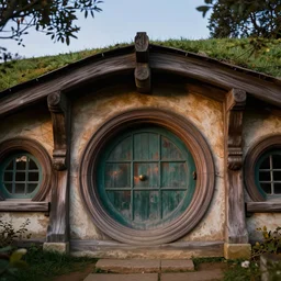 low angle front facing view of hobbiton architecture with rounded wood paneled windows, textured carved wood material, photorealistic, highly detailed, evening, unreal engine 5