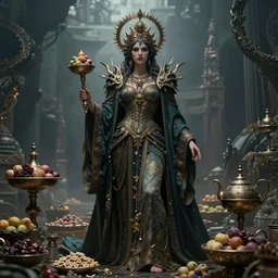a full body portrait of a goddess of feast and famine, ominous, cinematic shot, realistic, photography, photorealisic, fantasy, ornate, intricate detail, epic, high definition, 8 k, midjourney,