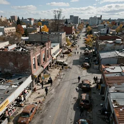 top down aerial view of dilapidated zombie - apocalypse city with supermarket and shopping street in real life, desolate with zombies, dilapidated, zombies in the streets, nightmarish, some rusted style parked vehicles, sunny weather, few clouds, volumetric lighting, photorealistic, daytime, autumn, sharp focus, ultra detailed, cgsociety