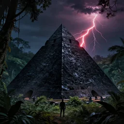 black obsidian pyramid!! in a jungle, with a silhouette of humanoid creature by eugene von guerard, ivan shishkin, night, red lightning!!, night!, dramatic lighting, concept art, trending on artstation, 8 k
