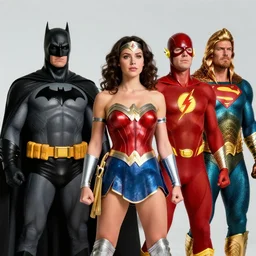 classic 1960s style justice league, dc, characters, batman, wonder women, flash, superman, aquaman, cyborg ultra realistic, 4K, movie still, UHD, sharp, detailed, cinematic, render, modern