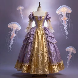 Golden purple dress design in the style of rococo,Victorian era,jellyfish element,dreamy, soft,Backlight ,luminescence,highly detailed,8k