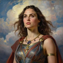 Head and shoulders masterpiece portrait oil painting of the beautiful goddess Gal Gadot as Supergirl, she is wearing roman clothes and a surreal jewelry, her hair is natural disheveled, she is approaching heaven over the clouds, naturalism, dramatic lighting, high-detailed oil painting by Ilya Repin, Michelangelo da Caravaggio, William Blake, Alex Grey and Beksinski, trending on Artsation, hystorical painting, naturalism, masterpiece, 4k, 8k,