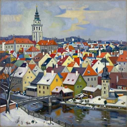 cesky krumlov in winter by jeffrey smith, vibrant contrast, cubism, 3 d depth, oil on canvas, trending art station, masterpiece