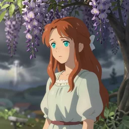 a beautiful southern woman named Savannah, innocent, somber turquoise eyes, freckles, long ginger hair tied with white ribbon, sad under a wisteria plant, gentle lighting, storm in the distance, western clothing, dress, digital art by Makoto Shinkai ilya kuvshinov and Wojtek Fus, digital art, concept art,