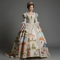 a lady with a maximalist imperial long dress made of illustrated homes. soft pastel tones. matte background
