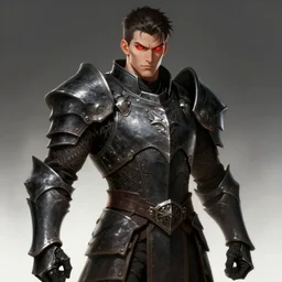 a highly detailed character portrait of a man wearing a epic dark armor with glowing red eyes concept art