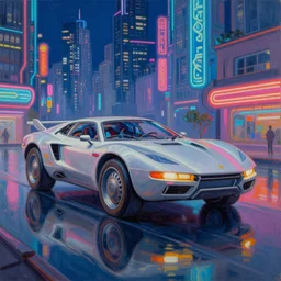Retro futuristic vehicle in a colorful urban landscape, neon lights reflecting in water, sci-fi concept art, by Syd Mead, highly detailed, oil on canvas –cfg_scale 7 –n 9