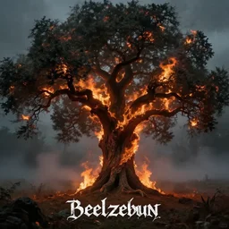 beelzebub next to an oak tree aflame, still, fog in background, dantes inferno, evil album cover