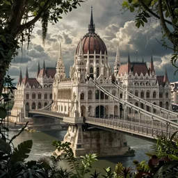 ultrarealistic photography postapocalyptic budapest chainbridge jungle cinematic matte paint