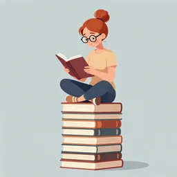 a young woman with red hair in a bun and glasses sits cross legged on top of a tall pile of books. she is reading. clean pretty cartoon painting.
