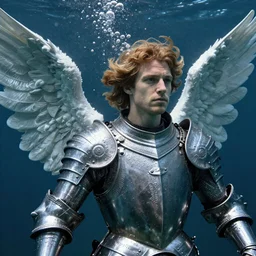 underwater photo of an angel in medieval armor by trent parke, close up, huge bubbles, metallic patterns, clean, detailed
