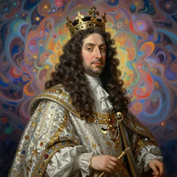 beautiful oil painting, portrait of Louis xiv in coronation robes 1701, Dan Mumford, Dan Mumford, Alex grey, Alex grey, hyacinthe rigaurd, lsd visuals, fractal patterns, entheogen, highly detailed, ornate