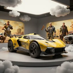 vehicle in twisted metal, mad max, motorstorm. art by filip hodas and artgerm. showroom display. clouds by rhads. 3 d render, surrealism, hyperrealism.