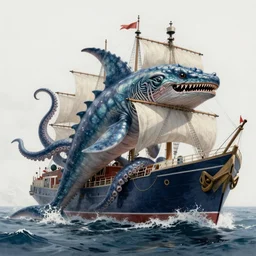 realistic detailed drawing of a sea monster wrapping its tentacles around a ship in a stormy ocean by Coles Phillips, Art Nouveau, trending on Artstation, rich deep vibrant colors