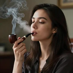 the most beautiful woman in the world smoking a pipe. sharp colour photograph. soft lighting. depth of field. trending on artstation.