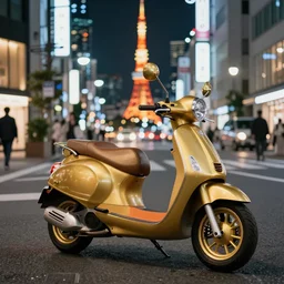 a scooter made of gold in the streets of Tokio at night
