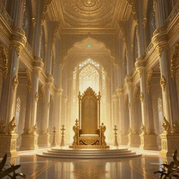 Fantasy Asian inspired royal throne room with infinitely high ceilings, infinitely long corridors, gilded and bejeweled, natural lighting, digital painting, concept art by Shaddy Safadi
