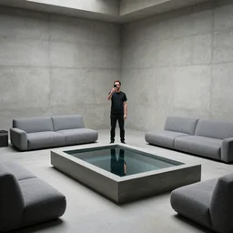 a man taking a selfie in a large minimalistic concrete room with upholstered sofas and a rectangular water feature in the center, a tilt shift photo by leandro erlich, featured on cg society, kitsch movement, hall of mirrors, high dynamic range, studio portrait