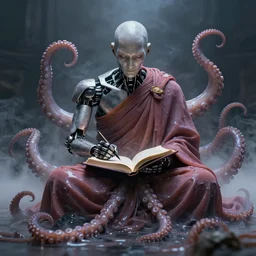 robotic monk monk writing the necronomicon enrobed in octopus tentacles and slime. smoky. ethereal. photorealistic