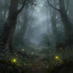 Foggy thicket where fireflies fly. Detailed digital painting for a TTRPG.