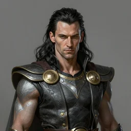 painted portrait of rugged loki, god of trickery, norse god, black luscious hair, masculine, mature, handsome, upper body, grey and silver, muscular, fantasy, intricate, muscular, elegant, highly detailed, digital painting, artstation, concept art, smooth, sharp focus, illustration, art by gaston bussiere and alphonse mucha