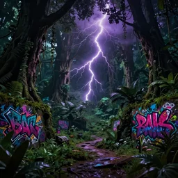 Magic jungle, digital graffiti landscape, detailed, sci-fi fantasy, surreal, dark green, black, purple, fuchsia, dark mood, creepy lightning, deep shadows HD, 4K, cgsociety