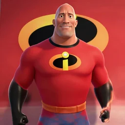 Syndrome from the Incredibles, but he is played by Dwayne Johnson, style of Pixar, Dreamworks, Disney Animation