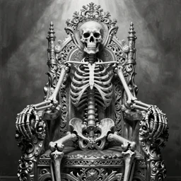 human skeletons fused together into a royal throne, black and white, intricate, very detailed, in the style of mark riddick,
