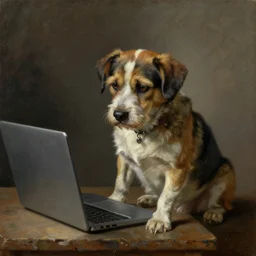 A confused dog attempts to program unsuccessfully | renaissance | oil painting | highly detailed | emotional