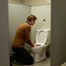 movie still of chancellor Gowron (Star Trek: Deep Space Nine) in a dirty gas station bathroom stall kneeling near the toilet and looking in wonder at the small round hole in the stall wall, 4k, realistic, footage
