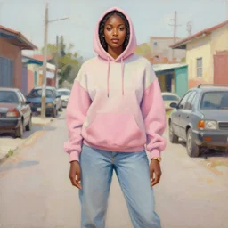 yolandi visser in the style of martine johanna and donato giancola, wearing a hoodie, standing in a township street, street fashion outfit,!! haute couture!!, full figure painting by john berkey, david choe, ismail inceoglu, pastel color palette, detailed impasto, 2 4 mm lens, beautiful face