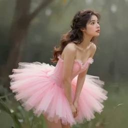 brunette fairy woman looking in the distance, wearing pink romantic tutu, digital art, speedpainting