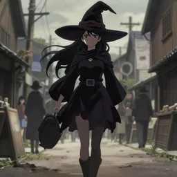 key anime visual portrait of a young female witch walking through a busy village, dynamic pose, dynamic perspective, cinematic, dramatic lighting, muted colors, detailed silhouette, textured, finely detailed eyes, anime proportions, anmi, murata range, kentaro miura