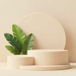 display podium, podium. stand to show cosmetic product. 3 d stage, 3 d background product, background, vector, beige background, display, scene with leaf, geometric platform, 3 d render, showcase on pedestal