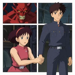 a young girl holds hands with a demon, panel webtoon art by anton fadeev and ghibli
