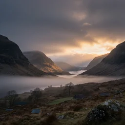 landscape photography, scotland, in color, cinematic, dramatic lighting, mountains, clouds, mist, sunrise, beautiful, 1 4 mm lens, canon 5 dsr, flickr, national geographic