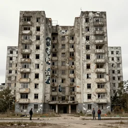 brutalist buildings, rundown buildings, orwellian dystopia, totalitarian murals on building walls, hooligans with shaggy hair and blue suits, 1 9 7 1 cinematic, 8 mm photo lens, kodak