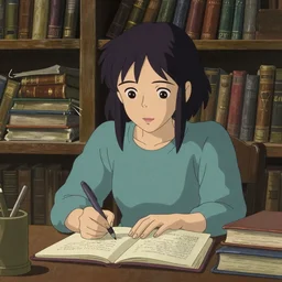 Woman studying in a cluttered magical library, defined facial features, highly detailed, illustration, Makoto Shinkai and Studio Ghibli anime screenshot, by Ilya Kuvshinov and Alphonse Mucha and Andrei Riabovitchev