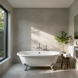 a modern bathroom clean architecture, a clawfoot bathtub, towels table, some plants, daylight, peaceful, sir edmund leighton