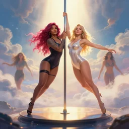 [ nicki minaj and keke palmer pole dance fully clothed ] on acid, cinematic, heavenly, volumetric light highly detailed, digital painting, artstation, concept art scene, smooth, sharp focus, epic illustration, unreal engine 5, 8 k illustration by bouguereau and greg rutkowski and edgar maxence