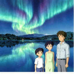 the northern lights been reflected on a lake, last exile, loish, yoshitoshi abe,, yuya nagai, Ilya Kuvshinov, murata range, jean giraud, makoto shinkai, kawaii, sketch, beautiful, dreamy,gradation, vibrant colors, matte print, high saturation, detailed, studio lighting, anime, manga