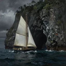 photorealistic painting of a 1 9 2 5 seiner sailing near a tropical cliff with the mouth of a sea cave at the waterline, dark, brooding, atmospheric, lovecraft, horror, smooth, epic, highly detailed, cinematic, by angus mcbride