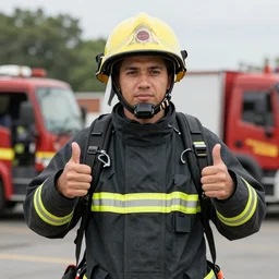 photo of a firefighter looking at the camera with his thumbs up approval