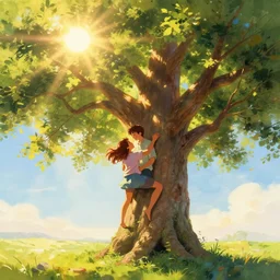 two people in jubilant love climb the tree of life as the sun shines brightly, 8 k resolution digital painting, vibrant colors, by michael whelan, byalena aenami, behance hd, trending on artstation deviantart
