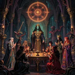 cultist ceremony gathering grimdark disturbing summoning ritual, in style of Midjourney, stylized, detailed and intricate, elegant, ornate, horror, elite, ominous, octane render, 8k high details, haunting, beautiful digital painting, cinematic, cgsociety, Zdiszlaw Beksinski, H.R. Giger, James jean, Noah Bradley, Darius Zawadzki, vivid colors and vibrant outlines