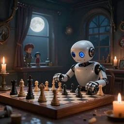 a beautiful tapestry, a small robot playing 3 d chess, ultra detailed, subtle atmospheric lighting, shadows, night time, moonlight coming through a window, steampunk, moody, candles, moonlight, characters from machinarium, by don bluth, trending on artstation, octane render, 8 k, ultra realistic