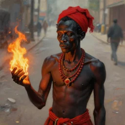 a portrait of the african trickster god esu wearing red and black on the streets, with fire in his right hand, deep focus, high angle, highly detailed, digital art, digital painting, concept art, illustration, art by hilma af klint and rolf armstrong