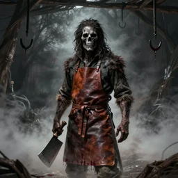 feral butcher, leather apron, meat cleaver, hooks from the ceiling, graphic novel style, digital painting, super - resolution, volumetric fog, ominous, creepy, creepypasta, dripping blood