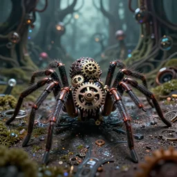 macro photo of an intricate mechanic spider, round gears visible from on inside, on the background of a weird magical mechanical forest. Very detailed 8k. Fantasy cyberpunk horror. Sharp. Cinematic post-processing